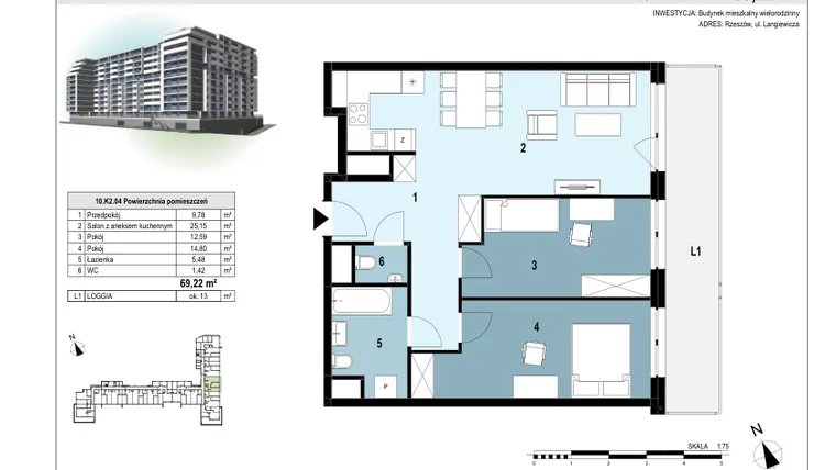 Rzut - Mieszkanie na sprzedaż 3 pokoje o powierzchni 69,3 m² - numer 217 w Langiewicza 37