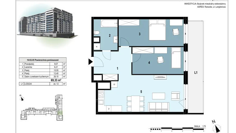 Rzut - Mieszkanie na sprzedaż 3 pokoje o powierzchni 69,49 m² - numer 218 w Langiewicza 37