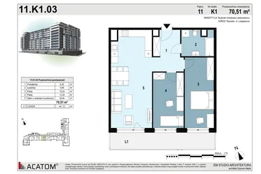 Rzut - Mieszkanie na sprzedaż 3 pokoje o powierzchni 70,48 m² - numer 110 w Langiewicza 37
