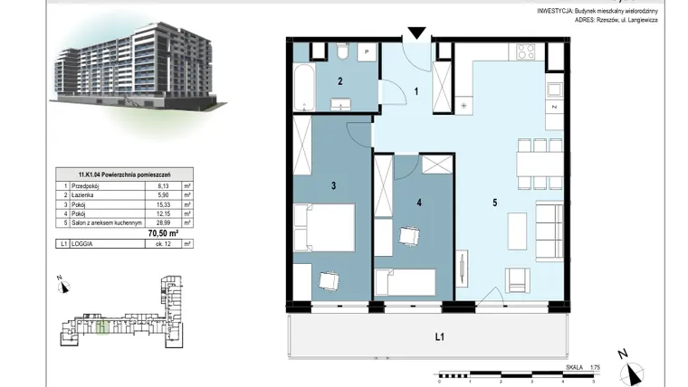 Rzut - Mieszkanie na sprzedaż 3 pokoje o powierzchni 70,55 m² - numer 111 w Langiewicza 37
