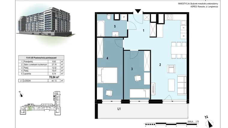 Rzut - Mieszkanie na sprzedaż 3 pokoje o powierzchni 69,96 m² - numer 112 w Langiewicza 37