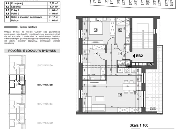 Rzut - Mieszkanie na sprzedaż 3 pokoje o powierzchni 66,56 m² - numer EB2 w Wzgórze Zelwerowicza
