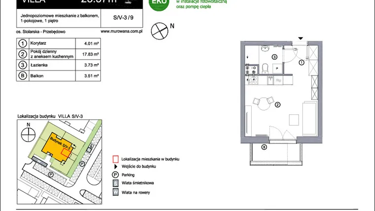 Rzut - Mieszkanie na sprzedaż 1 pokój o powierzchni 25,57 m² - numer S_V-3_9 w os. Stolarska