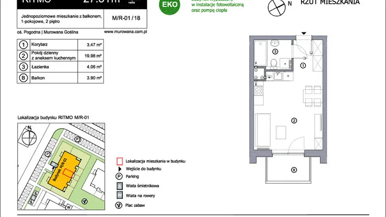 Rzut - Mieszkanie na sprzedaż 1 pokój o powierzchni 27,51 m² - numer M_R-1_18 w os. Stolarska