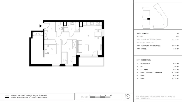 Rzut - Mieszkanie na sprzedaż 3 pokoje o powierzchni 67,58 m² - numer A8.P3 w Nocznickiego 29 bud. A