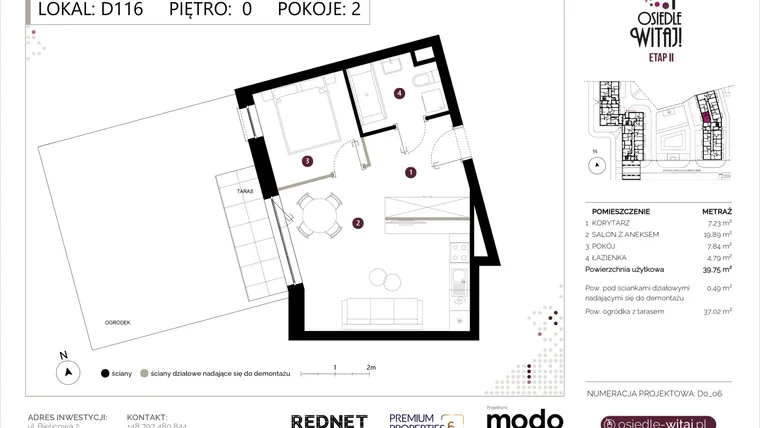 Rzut - Mieszkanie na sprzedaż 2 pokoje o powierzchni 40,24 m² - numer D116 w Osiedle Witaj etap II