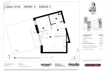 Rzut - Mieszkanie na sprzedaż 2 pokoje o powierzchni 39,75 m² - numer D116 w Osiedle Witaj etap II