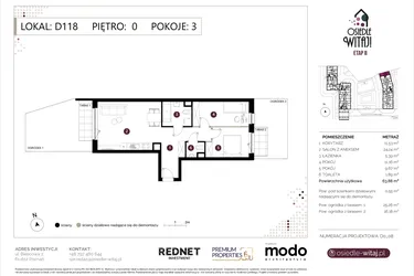 Rzut - Mieszkanie na sprzedaż 3 pokoje o powierzchni 64,07 m² - numer D118 w Osiedle Witaj etap II