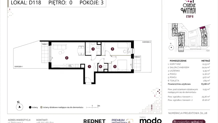 Rzut - Mieszkanie na sprzedaż 3 pokoje o powierzchni 64,43 m² - numer D118 w Osiedle Witaj etap II