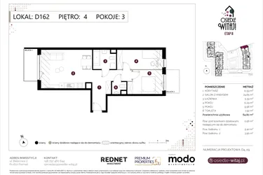 Rzut - Mieszkanie na sprzedaż 3 pokoje o powierzchni 65,36 m² - numer D162 w Osiedle Witaj etap II