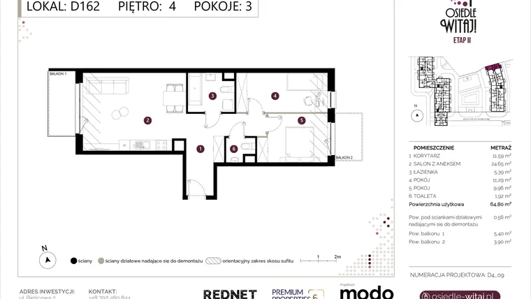 Rzut - Mieszkanie na sprzedaż 3 pokoje o powierzchni 65,36 m² - numer D162 w Osiedle Witaj etap II