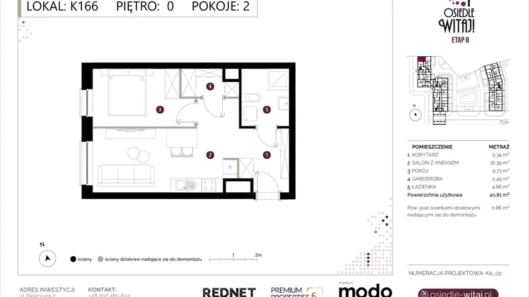 Rzut - Mieszkanie na sprzedaż 2 pokoje o powierzchni 41,67 m² - numer K166 w Osiedle Witaj etap II