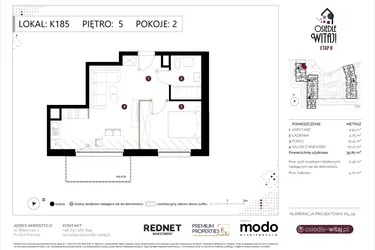 Rzut - Mieszkanie na sprzedaż 2 pokoje o powierzchni 40,22 m² - numer K185 w Osiedle Witaj etap II