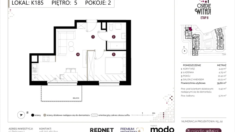Rzut - Mieszkanie na sprzedaż 2 pokoje o powierzchni 40,22 m² - numer K185 w Osiedle Witaj etap II