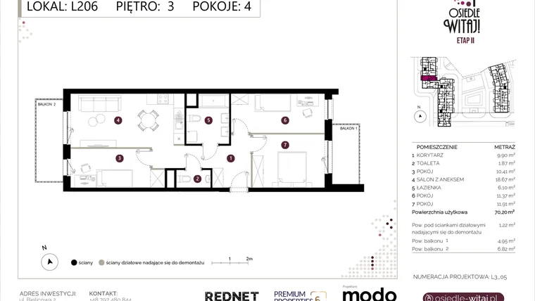 Rzut - Mieszkanie na sprzedaż 4 pokoje o powierzchni 71,42 m² - numer L206 w Osiedle Witaj etap II