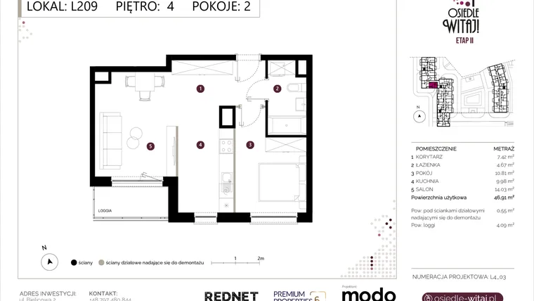 Rzut - Mieszkanie na sprzedaż 2 pokoje o powierzchni 47,46 m² - numer L209 w Osiedle Witaj etap II