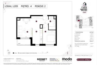 Rzut - Mieszkanie na sprzedaż 2 pokoje o powierzchni 47,46 m² - numer L209 w Osiedle Witaj etap II