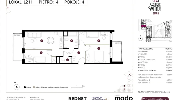Rzut - Mieszkanie na sprzedaż 4 pokoje o powierzchni 71,45 m² - numer L211 w Osiedle Witaj etap II