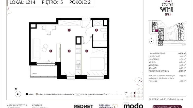 Rzut - Mieszkanie na sprzedaż 2 pokoje o powierzchni 47,46 m² - numer L214 w Osiedle Witaj etap II