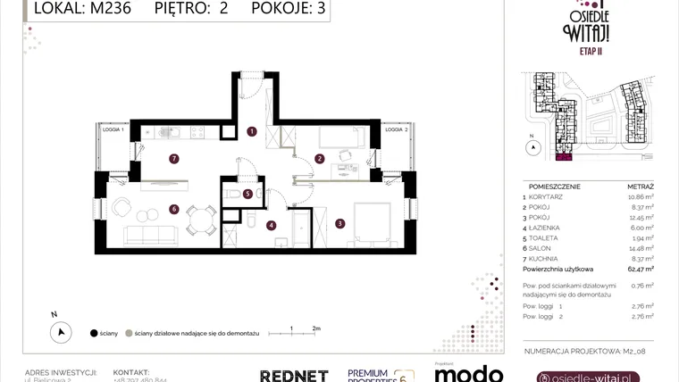 Rzut - Mieszkanie na sprzedaż 3 pokoje o powierzchni 63,23 m² - numer M236 w Osiedle Witaj etap II