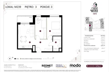 Rzut - Mieszkanie na sprzedaż 3 pokoje o powierzchni 53,5 m² - numer M239 w Osiedle Witaj etap II