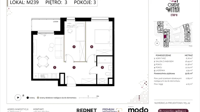 Rzut - Mieszkanie na sprzedaż 3 pokoje o powierzchni 53,5 m² - numer M239 w Osiedle Witaj etap II