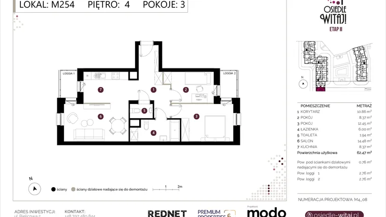 Rzut - Mieszkanie na sprzedaż 3 pokoje o powierzchni 63,23 m² - numer M254 w Osiedle Witaj etap II