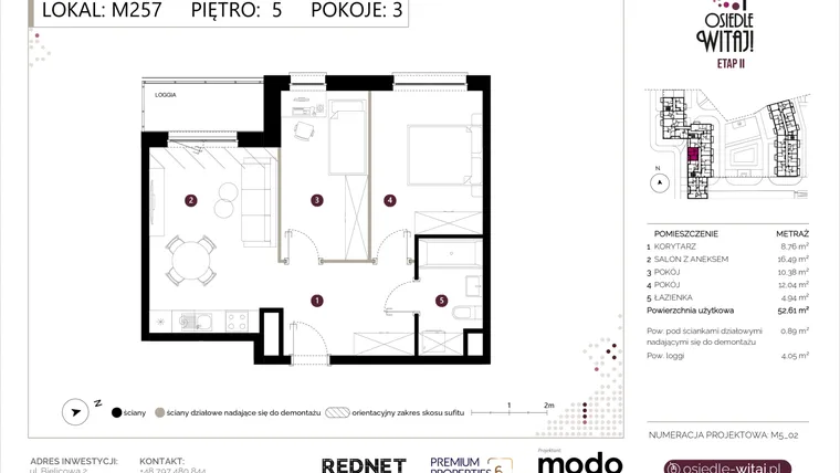 Rzut - Mieszkanie na sprzedaż 3 pokoje o powierzchni 53,5 m² - numer M257 w Osiedle Witaj etap II
