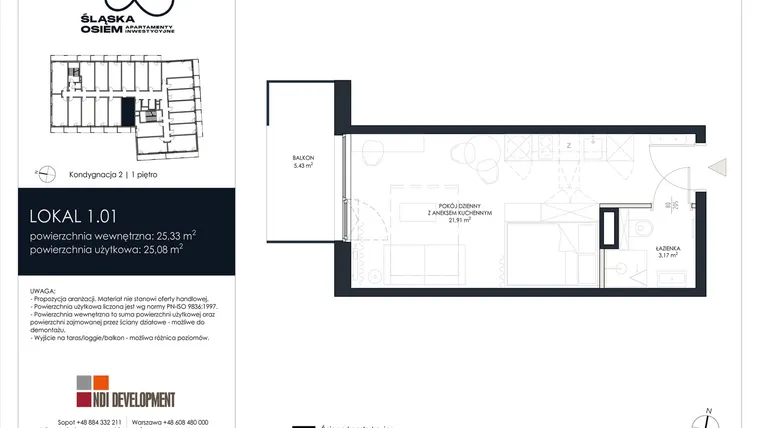 Rzut - Mieszkanie na sprzedaż 1 pokój o powierzchni 25,33 m² - numer 1.01 w Śląska Osiem