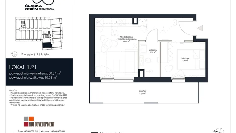 Rzut - Mieszkanie na sprzedaż 2 pokoje o powierzchni 30,87 m² - numer 1.21 w Śląska Osiem
