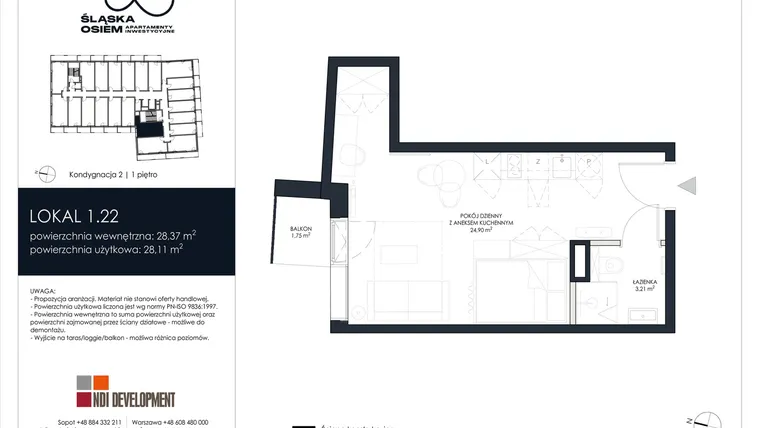 Rzut - Mieszkanie na sprzedaż 1 pokój o powierzchni 28,37 m² - numer 1.22 w Śląska Osiem