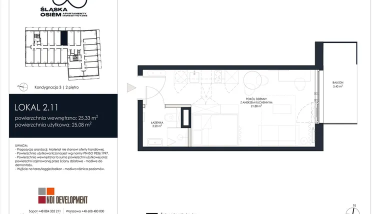 Rzut - Mieszkanie na sprzedaż 1 pokój o powierzchni 25,33 m² - numer 2.11 w Śląska Osiem