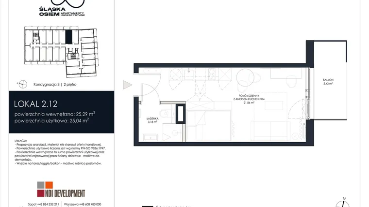 Rzut - Mieszkanie na sprzedaż 1 pokój o powierzchni 25,29 m² - numer 2.12 w Śląska Osiem