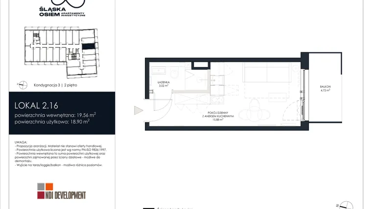 Rzut - Mieszkanie na sprzedaż 1 pokój o powierzchni 19,41 m² - numer 2.16 w Śląska Osiem