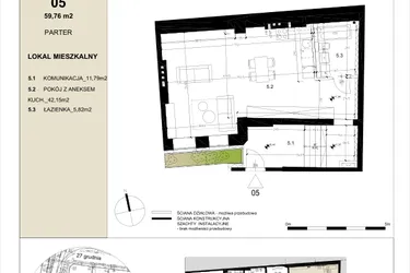 Rzut - Mieszkanie na sprzedaż 2 pokoje o powierzchni 59,76 m² - numer 0.5 w Gwarna8