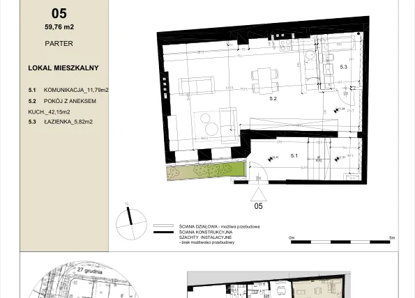 Rzut - Mieszkanie na sprzedaż 2 pokoje o powierzchni 59,76 m² - numer 0.5 w Gwarna8