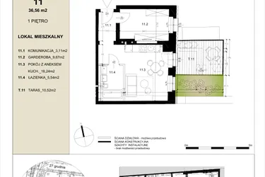 Rzut - Mieszkanie na sprzedaż 2 pokoje o powierzchni 36,56 m² - numer 1.1 w Gwarna8