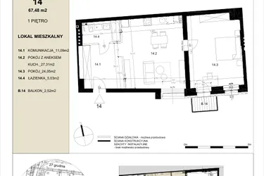 Rzut - Mieszkanie na sprzedaż 2 pokoje o powierzchni 67,48 m² - numer 1.4 w Gwarna8