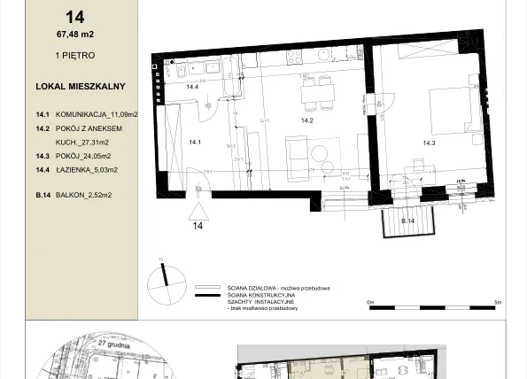 Rzut - Mieszkanie na sprzedaż 2 pokoje o powierzchni 67,48 m² - numer 1.4 w Gwarna8