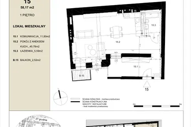 Rzut - Mieszkanie na sprzedaż 1 pokój o powierzchni 58,17 m² - numer 1.5 w Gwarna8