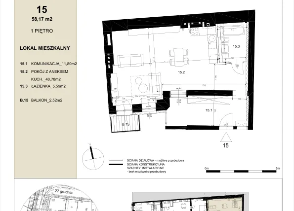 Rzut - Mieszkanie na sprzedaż 1 pokój o powierzchni 58,17 m² - numer 1.5 w Gwarna8