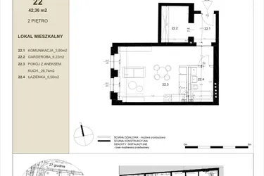 Rzut - Mieszkanie na sprzedaż 1 pokój o powierzchni 42,98 m² - numer 2.2 w Gwarna8
