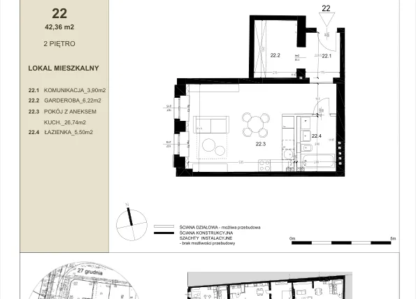 Rzut - Mieszkanie na sprzedaż 1 pokój o powierzchni 42,98 m² - numer 2.2 w Gwarna8