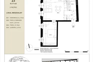 Rzut - Mieszkanie na sprzedaż 2 pokoje o powierzchni 51,77 m² - numer 2.3 w Gwarna8