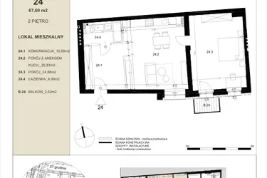 Rzut - Mieszkanie na sprzedaż 2 pokoje o powierzchni 67,6 m² - numer 2.4 w Gwarna8