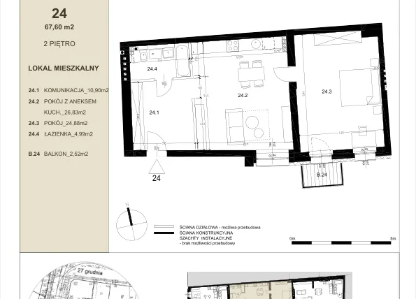 Rzut - Mieszkanie na sprzedaż 2 pokoje o powierzchni 67,6 m² - numer 2.4 w Gwarna8