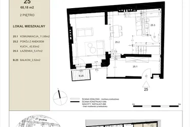 Rzut - Mieszkanie na sprzedaż 1 pokój o powierzchni 60,18 m² - numer 2.5 w Gwarna8