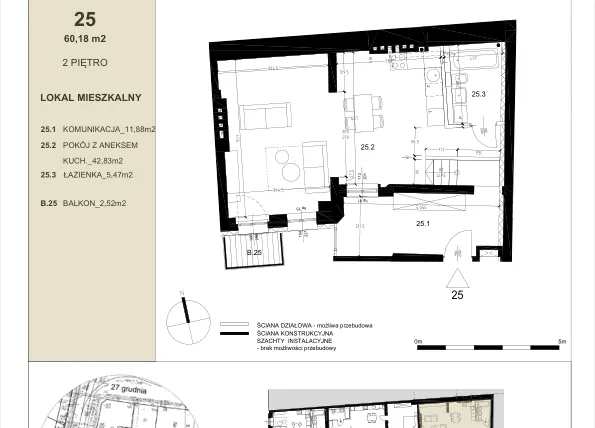Rzut - Mieszkanie na sprzedaż 1 pokój o powierzchni 60,18 m² - numer 2.5 w Gwarna8