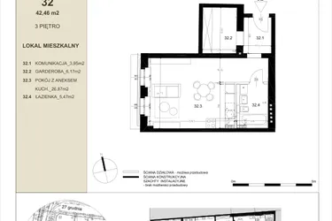 Rzut - Mieszkanie na sprzedaż 1 pokój o powierzchni 43,1 m² - numer 3.2 w Gwarna8