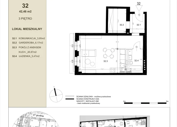 Rzut - Mieszkanie na sprzedaż 1 pokój o powierzchni 43,1 m² - numer 3.2 w Gwarna8